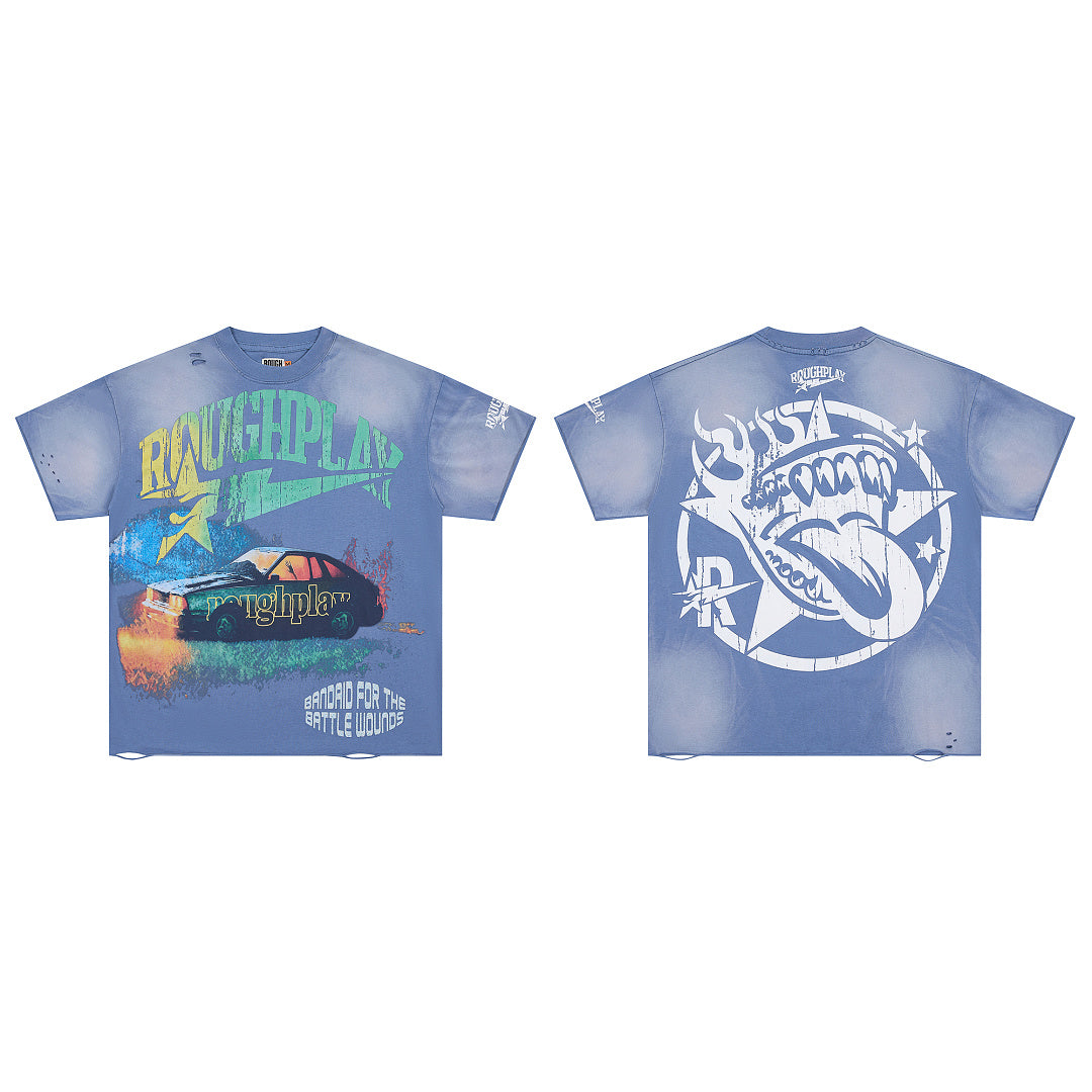 Vintage Washed Blue Rock Car Graphic Oversized Tee Streetwear Short Sleeve T‑Shirt