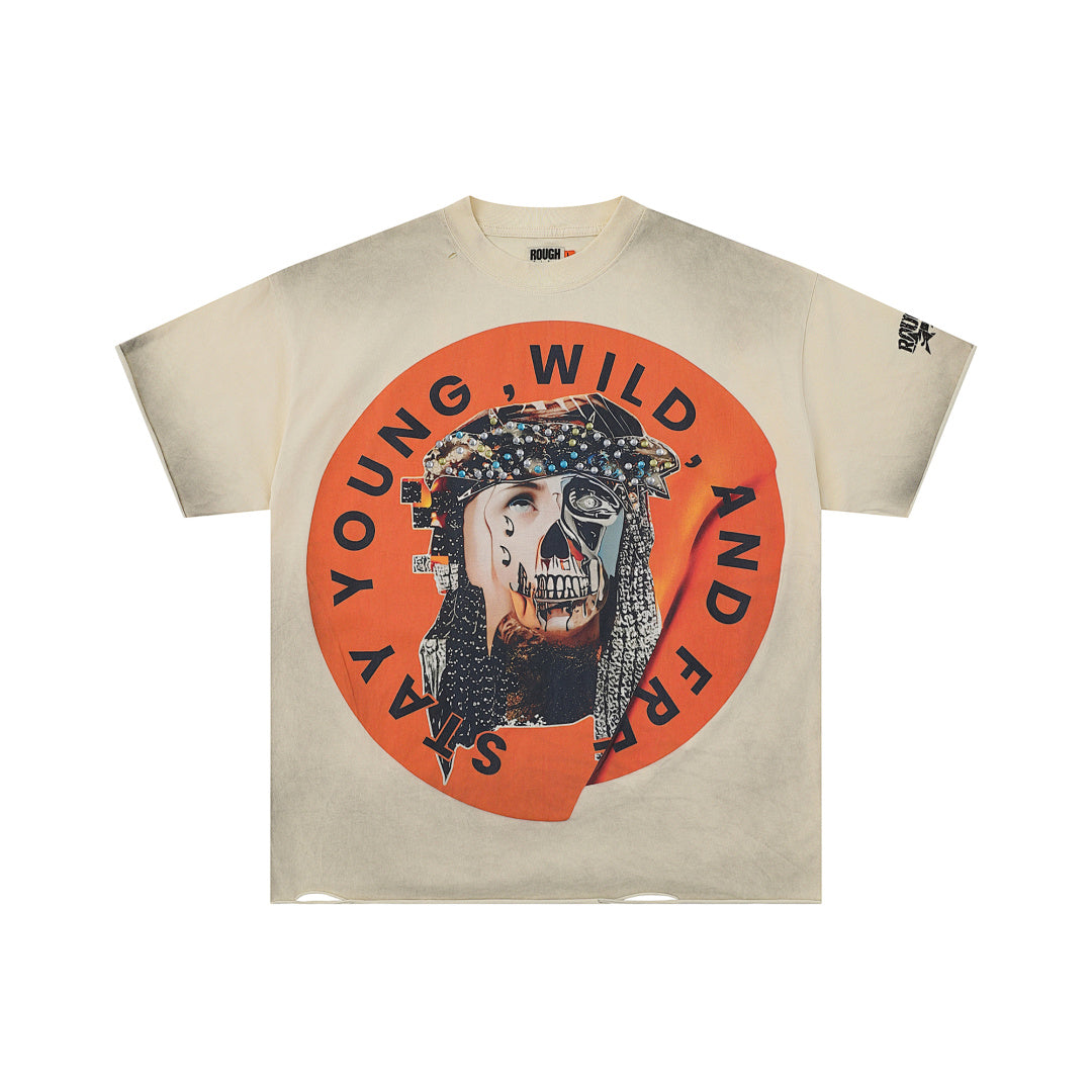 Roughplay Vintage Washed Portrait Graphic Short Sleeve Tee Men Oversized Streetwear T‑Shirt