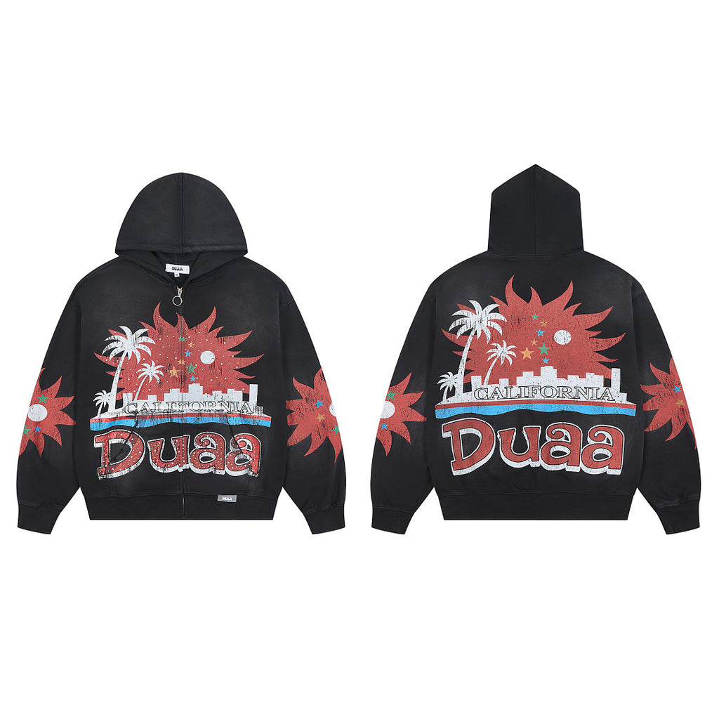 Black Vintage City Palm Tree Graphic Oversized Zip‑Up Hoodie