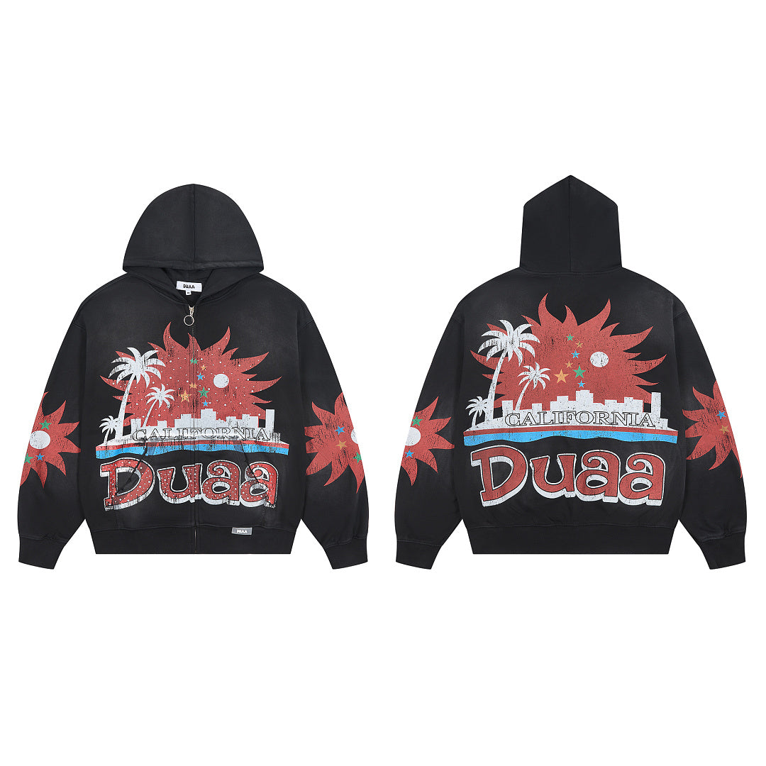 Black Vintage City Palm Tree Graphic Oversized Zip‑Up Hoodie