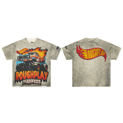 Vintage Washed Grey Fire Monster Truck Graphic Oversized T‑Shirt