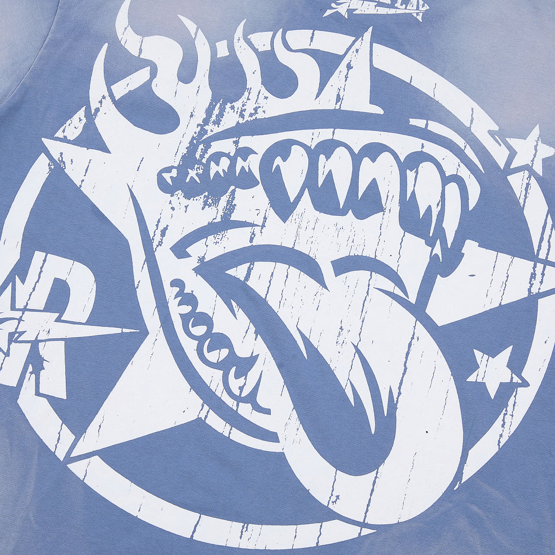 Vintage Washed Blue Rock Car Graphic Oversized Tee Streetwear Short Sleeve T‑Shirt