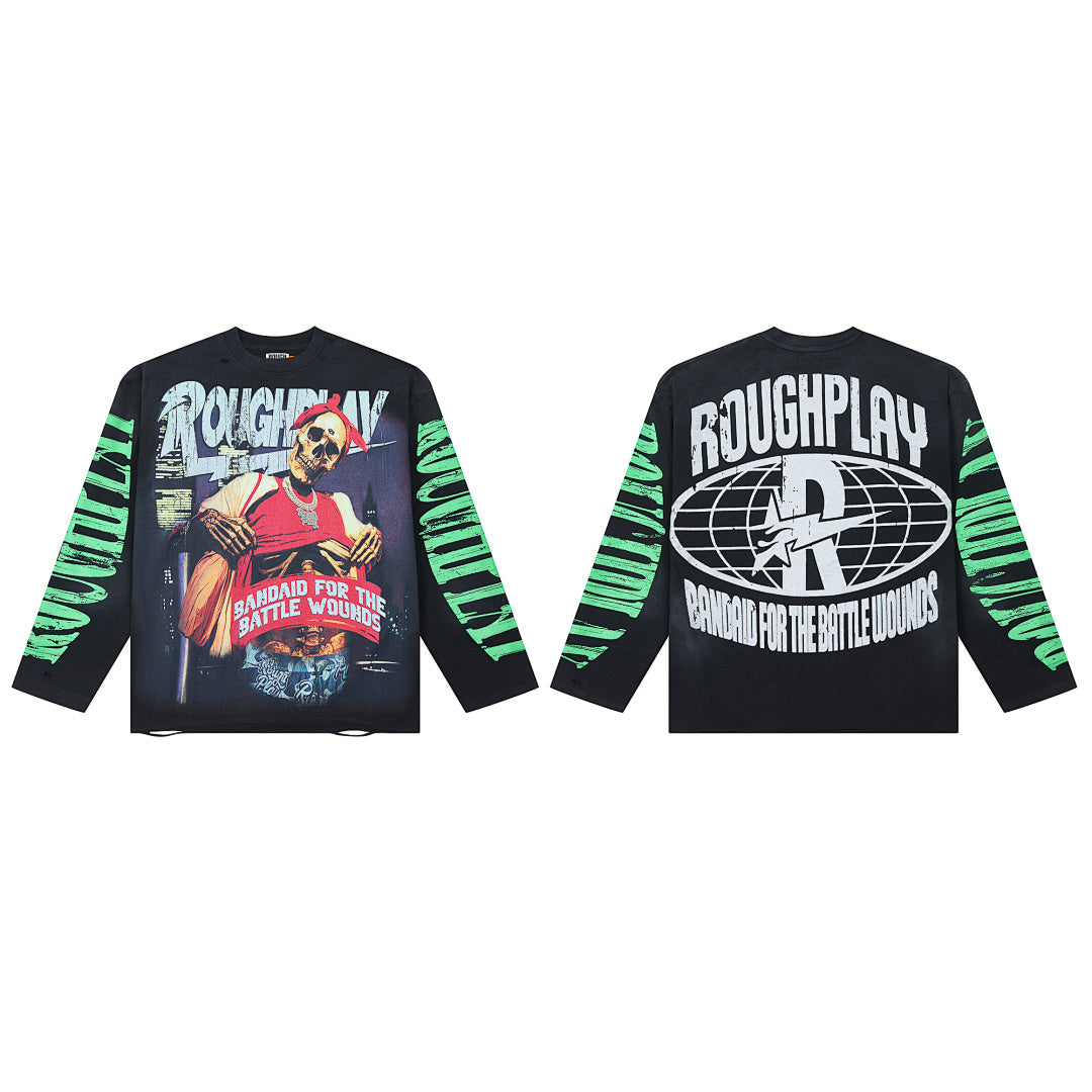 Black Vintage Basketball Star Graphic Long Sleeve Tee Roughplay Oversized Streetwear T‑Shirt