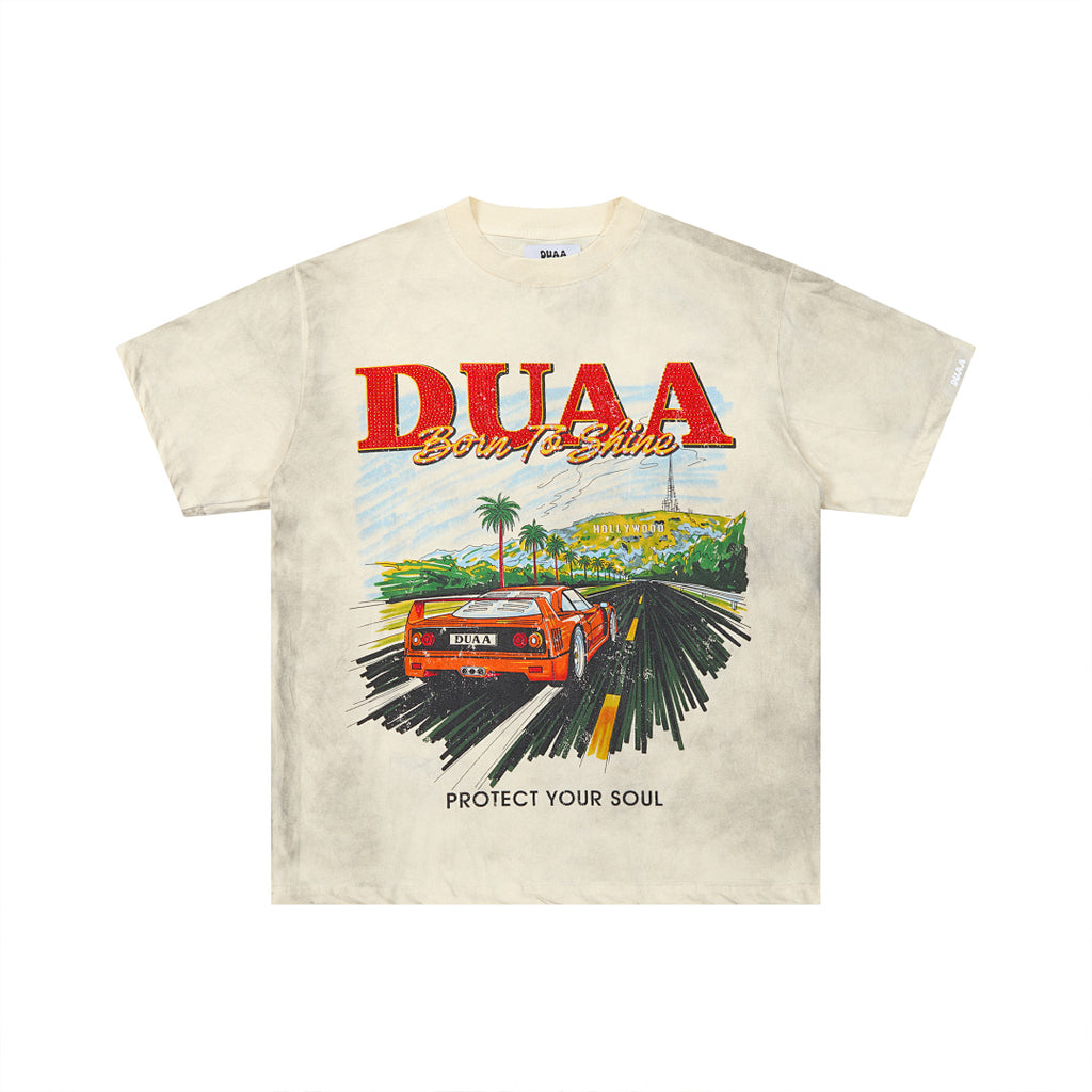Off‑White Washed Vintage Highway Car DUAA Graphic Oversized T‑Shirt