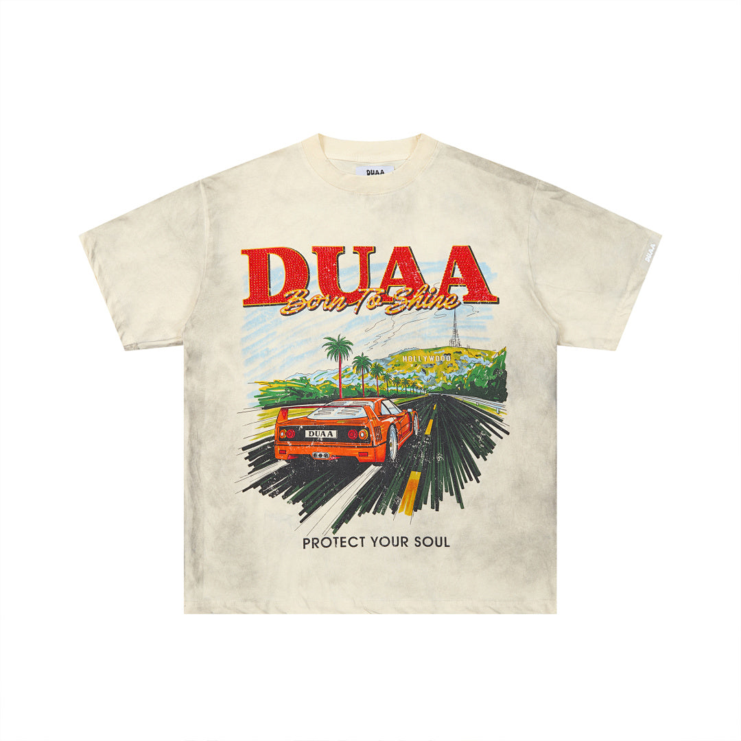 Off‑White Washed Vintage Highway Car DUAA Graphic Oversized T‑Shirt