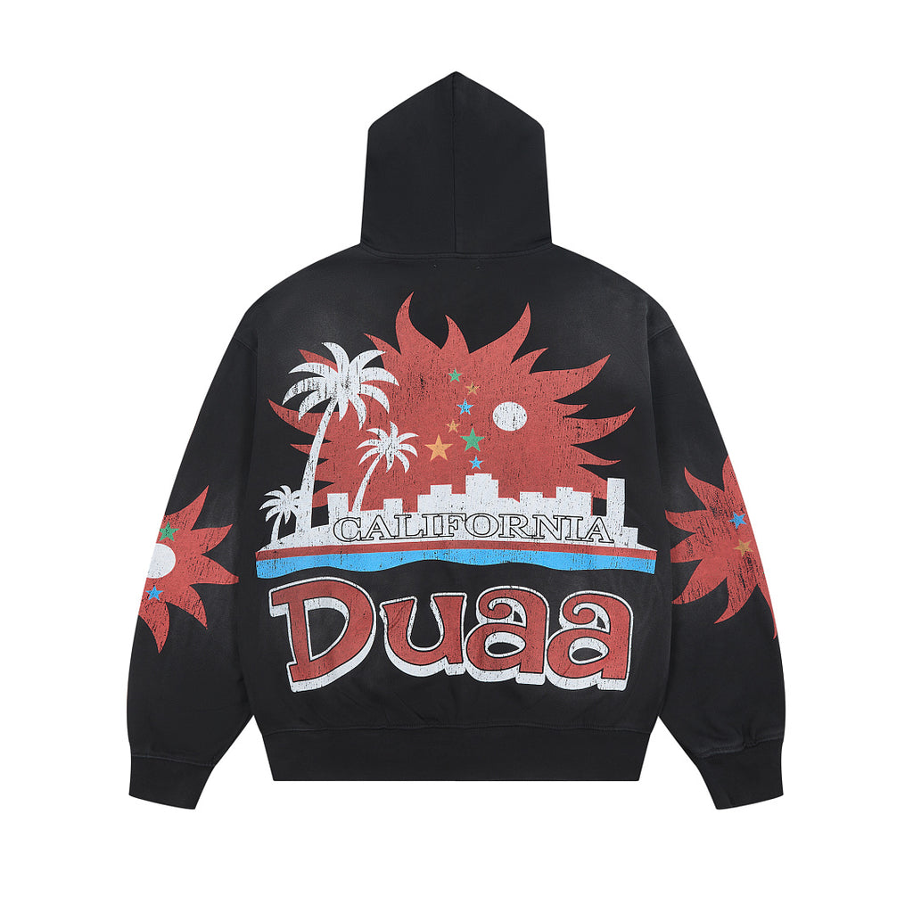 Black Vintage City Palm Tree Graphic Oversized Zip‑Up Hoodie