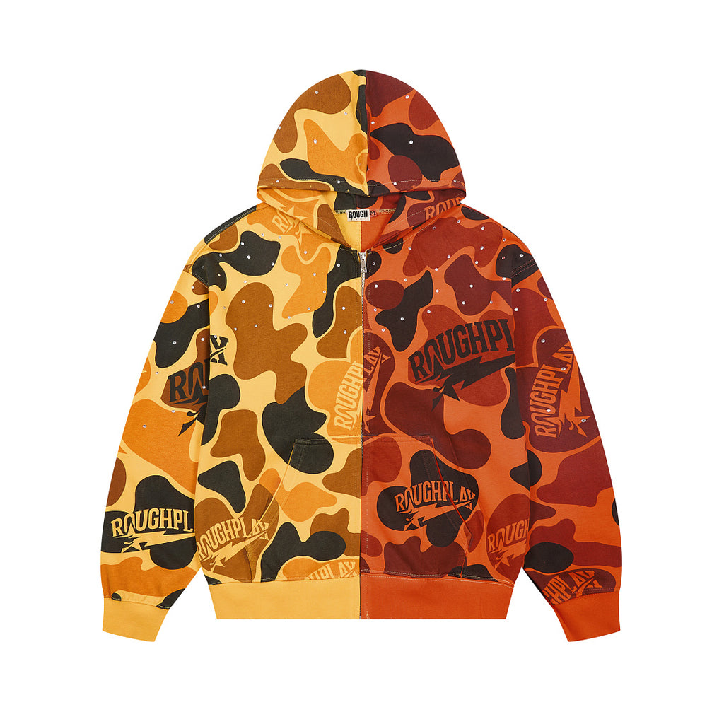 Color Block Camo Patchwork Zip‑Up Hoodie Streetwear Oversized Hooded Jacket