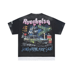 Vintage Washed Black Night Street Racing Car Graphic Oversized T‑Shirt