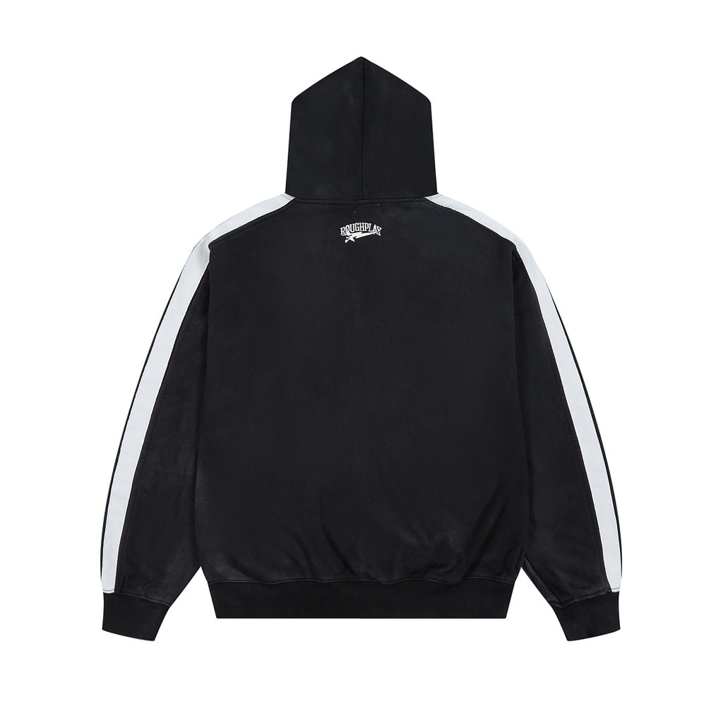 Black Washed Side Stripe Gothic Letter DUAA Zip‑Up Hoodie