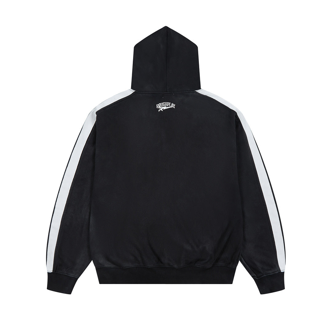 Black Washed Side Stripe Gothic Letter DUAA Zip‑Up Hoodie