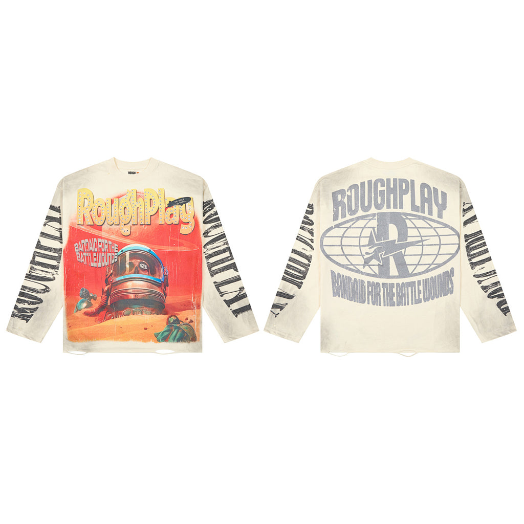 Roughplay Vintage Astronaut Graphic Long Sleeve Tee Men Oversized Streetwear Top