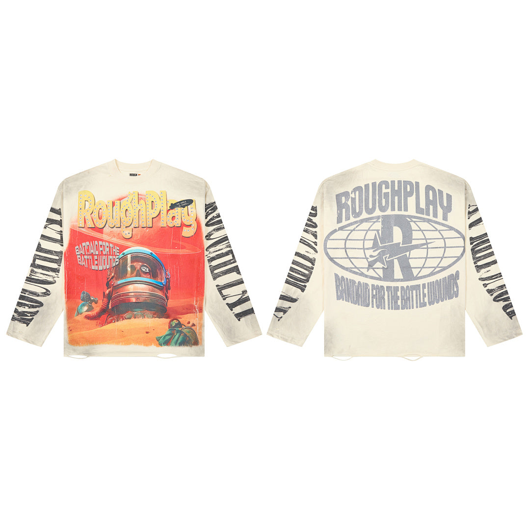 Roughplay Vintage Astronaut Graphic Long Sleeve Tee Men Oversized Streetwear Top
