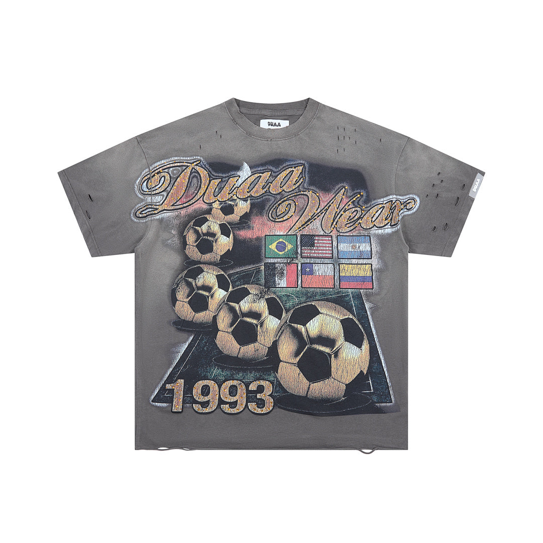 Washed Black Vintage 1993 Soccer World Flag Graphic Oversized T‑Shirt