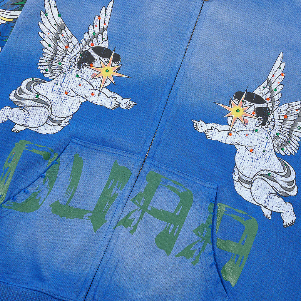 Blue Vintage Tiger & Angel Graphic Oversized Zip‑Up Hoodie