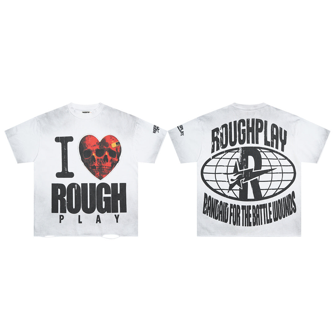 Vintage Washed White I Love Rough Play Globe Graphic Oversized T‑Shirt