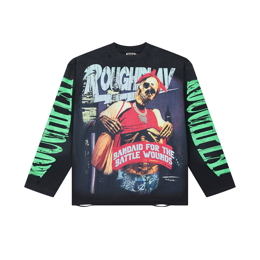 Black Vintage Basketball Star Graphic Long Sleeve Tee Roughplay Oversized Streetwear T‑Shirt