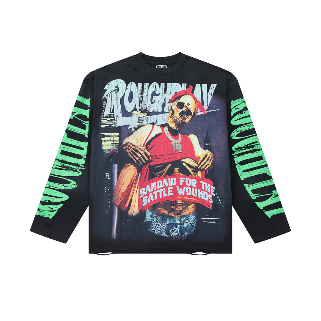 Black Vintage Basketball Star Graphic Long Sleeve Tee Roughplay Oversized Streetwear T‑Shirt
