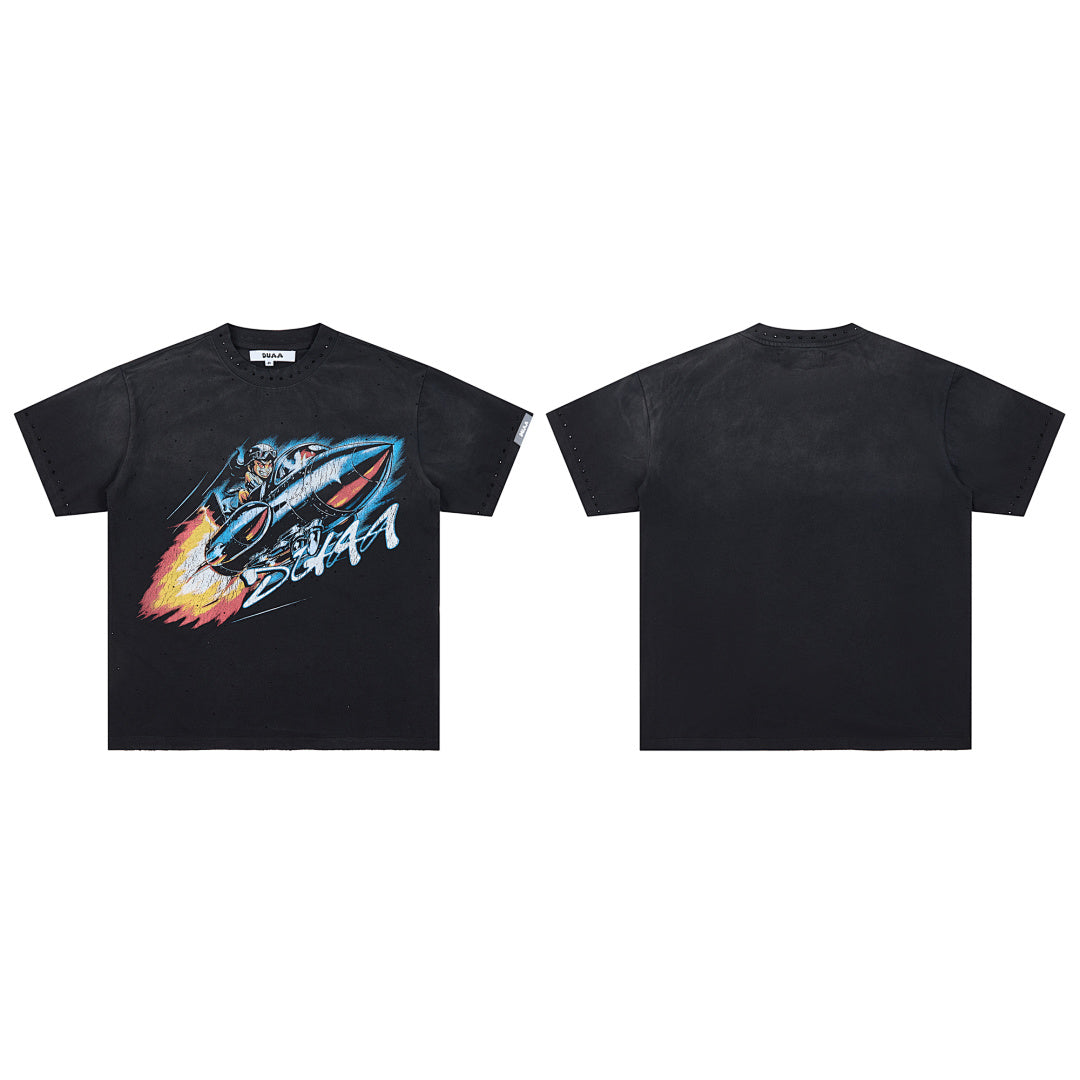 Black Vintage Racing Car DUAA Flame Graphic Oversized T‑Shirt