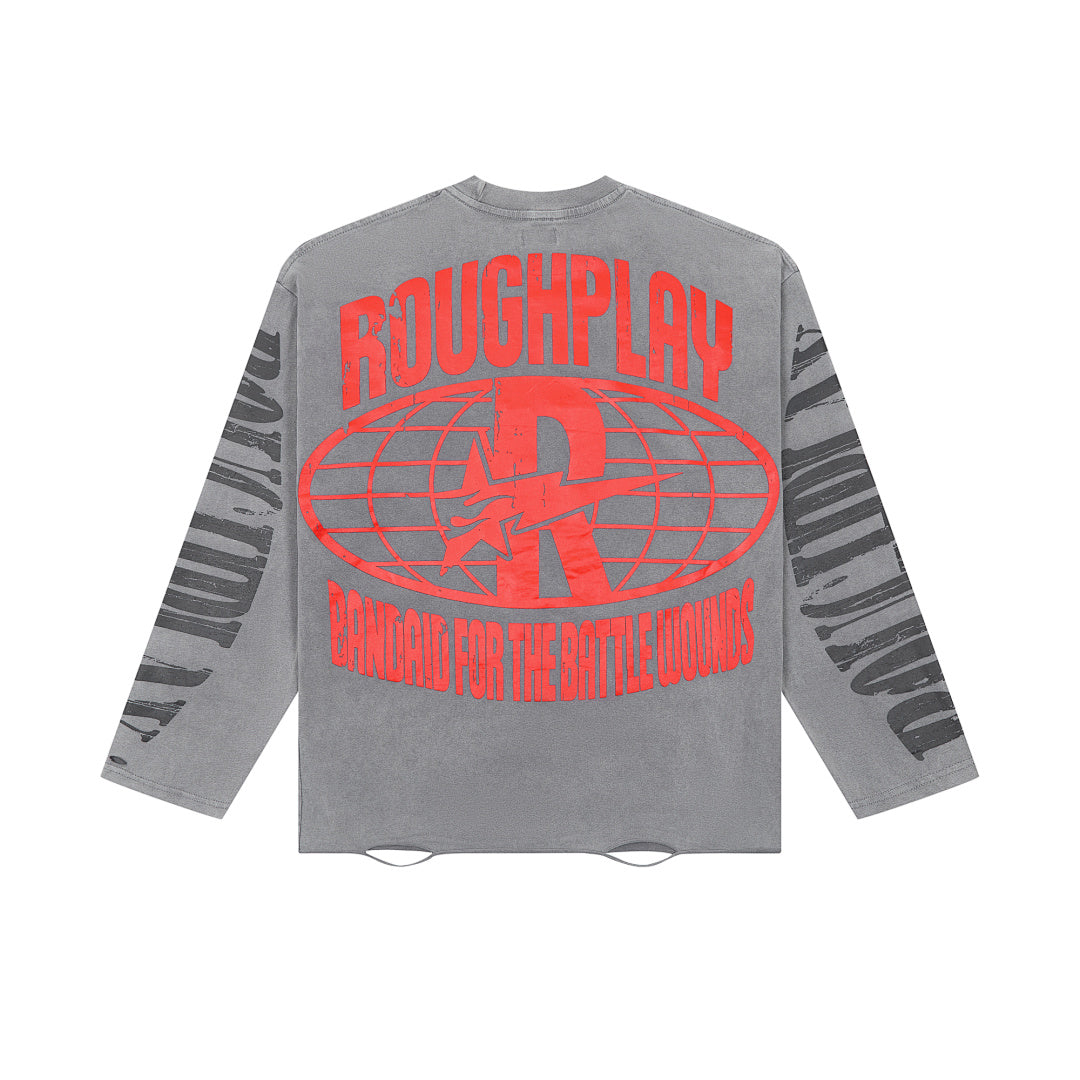 Grey Vintage Superhero Graphic Long Sleeve Tee Roughplay Oversized Streetwear T‑Shirt