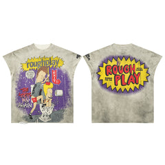 Vintage Washed Grey Cartoon Comic Graphic Oversized T‑Shirt