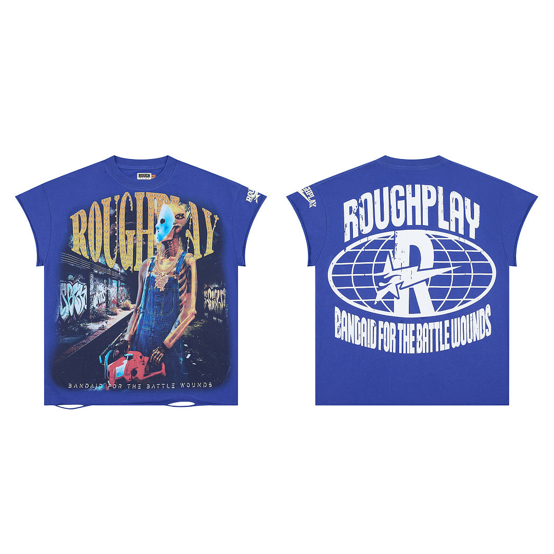 Vintage Blue Oversized Portrait Graphic Tee Roughplay Worldwide Streetwear T‑Shirt