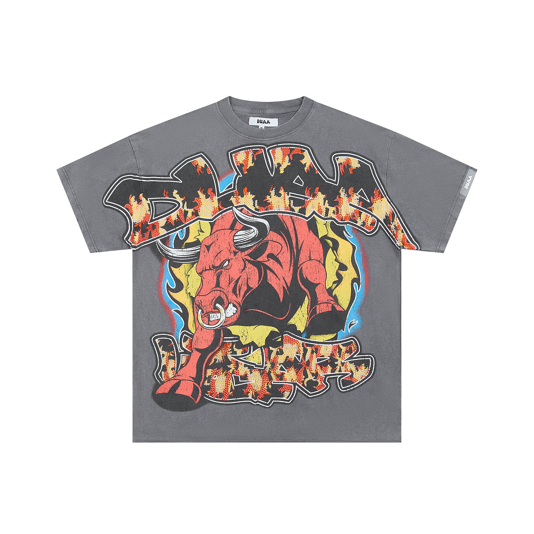 Dark Grey Vintage Bull Fire Graphic Oversized T‑Shirt
