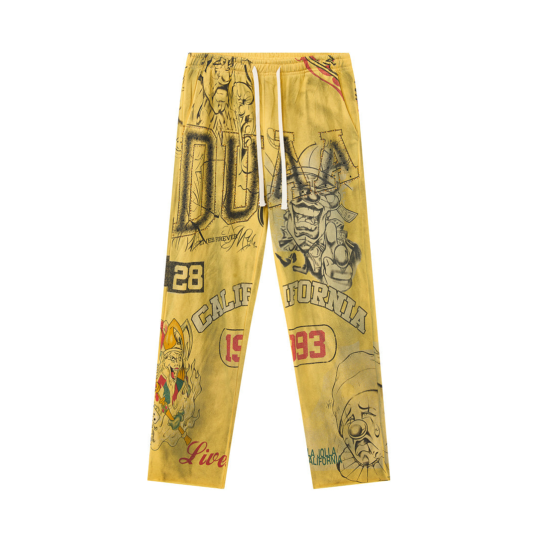 Vintage Yellow All‑Over Print Wide‑Leg Sweatpants