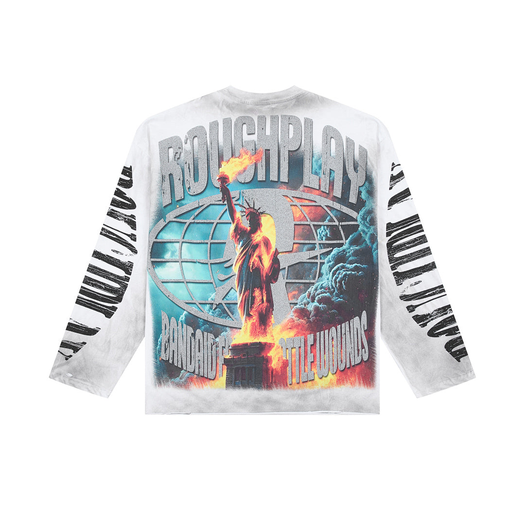 Washed White Statue Of Liberty Graphic Long Sleeve Tee Roughplay Oversized Streetwear T‑Shirt