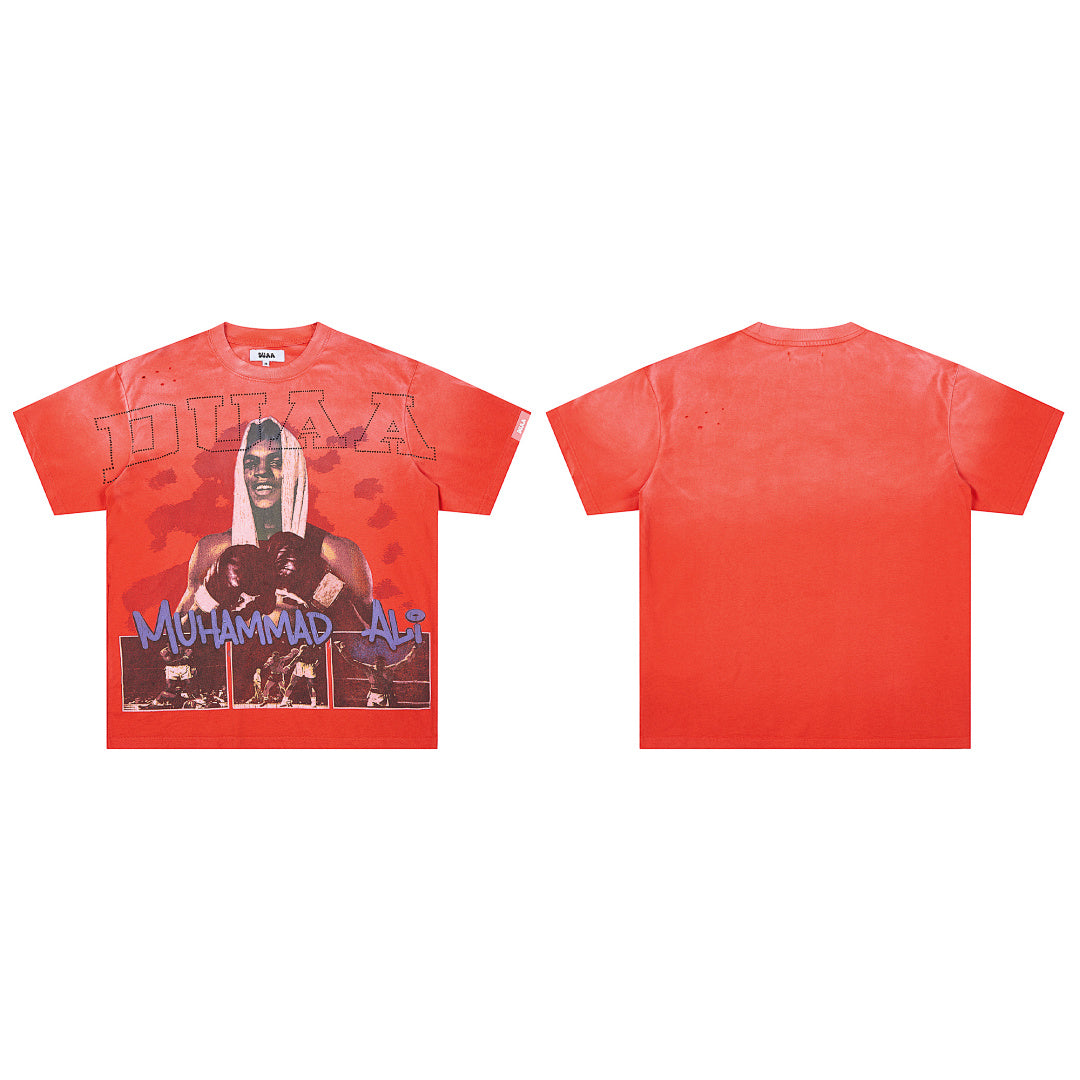 Red Vintage Muhammad Ali Boxing Portrait Graphic Oversized T‑Shirt