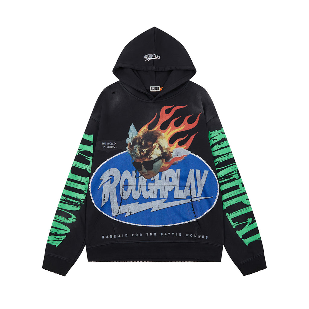Roughplay Black Flame Graphic Hoodie Men Oversized Streetwear Pullover Hooded Sweatshirt