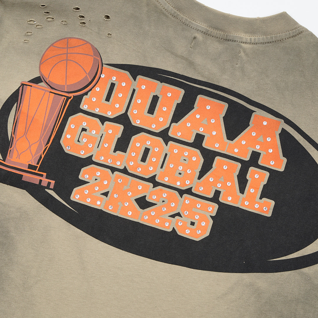 Olive Washed Cartoon Basketball DUAA Double‑Sided Graphic Oversized T‑Shirt