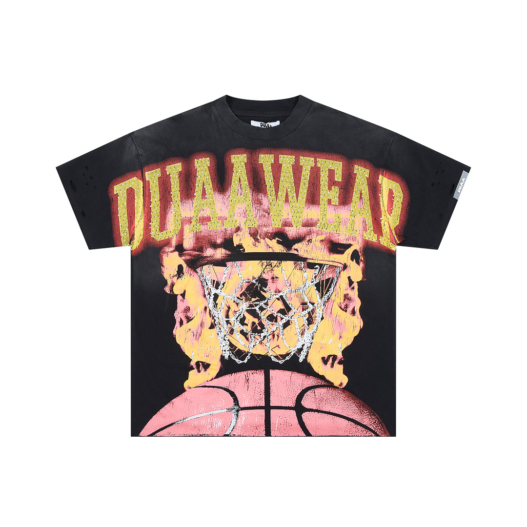 Black Vintage Basketball Hoop Graphic Oversized T‑Shirt