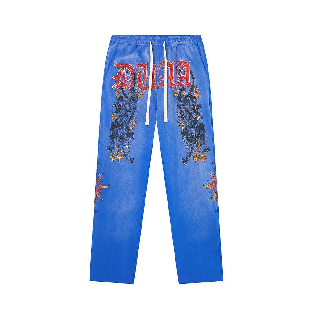 Vintage Washed Gothic Letter Dragon Graphic Wide‑Leg Sweatpants