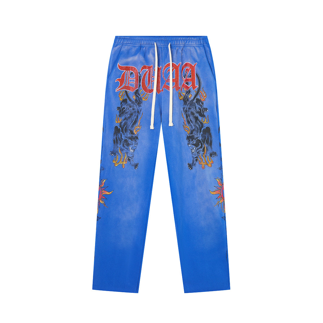 Vintage Washed Gothic Letter Dragon Graphic Wide‑Leg Sweatpants