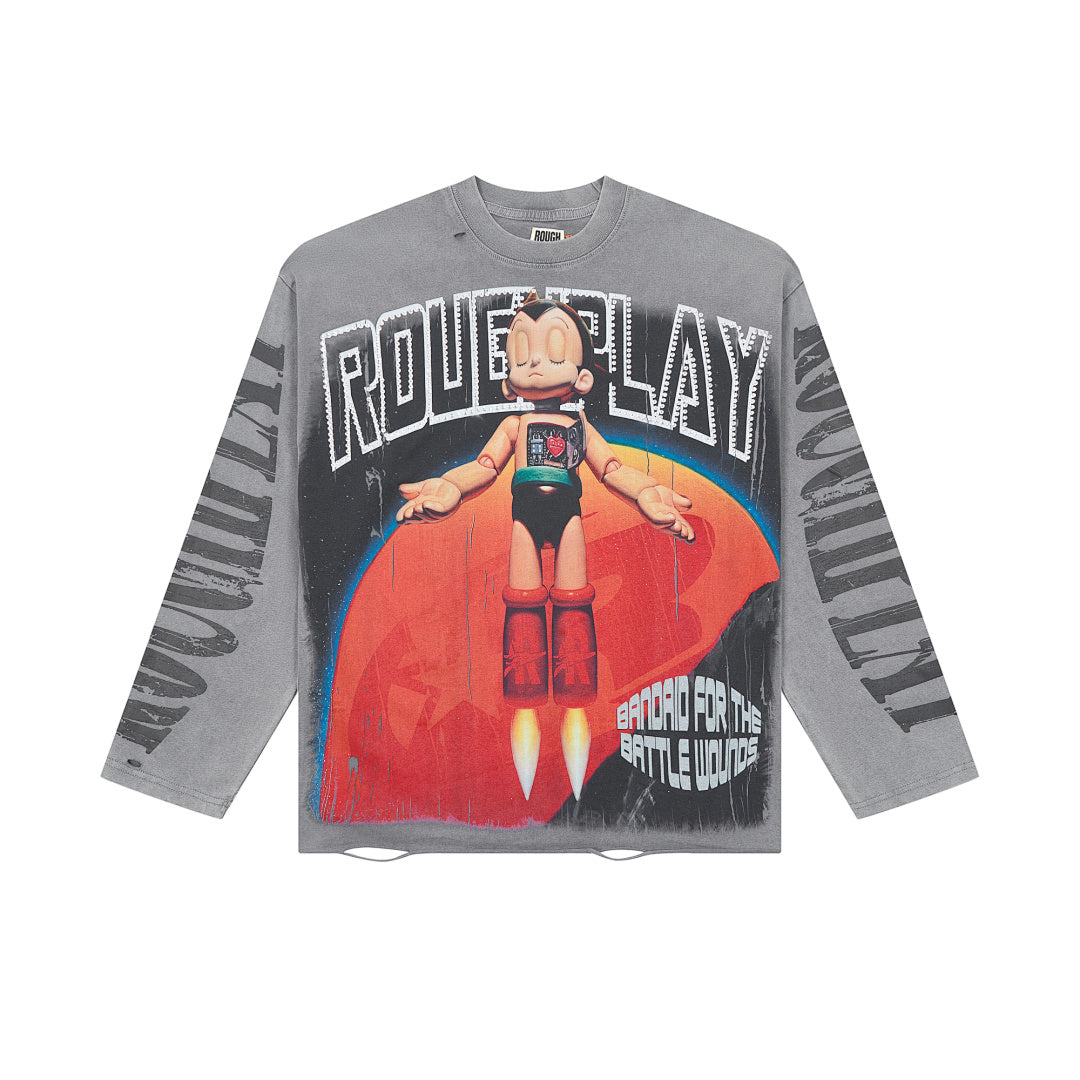 Grey Vintage Superhero Graphic Long Sleeve Tee Roughplay Oversized Streetwear T‑Shirt