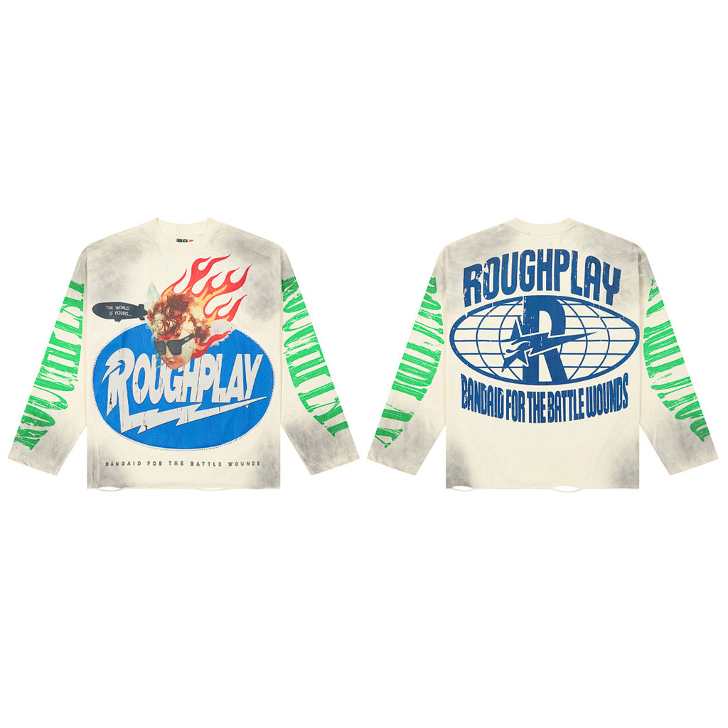 Roughplay Vintage Wash Flame Graphic Long Sleeve Tee Men Oversized Streetwear Top