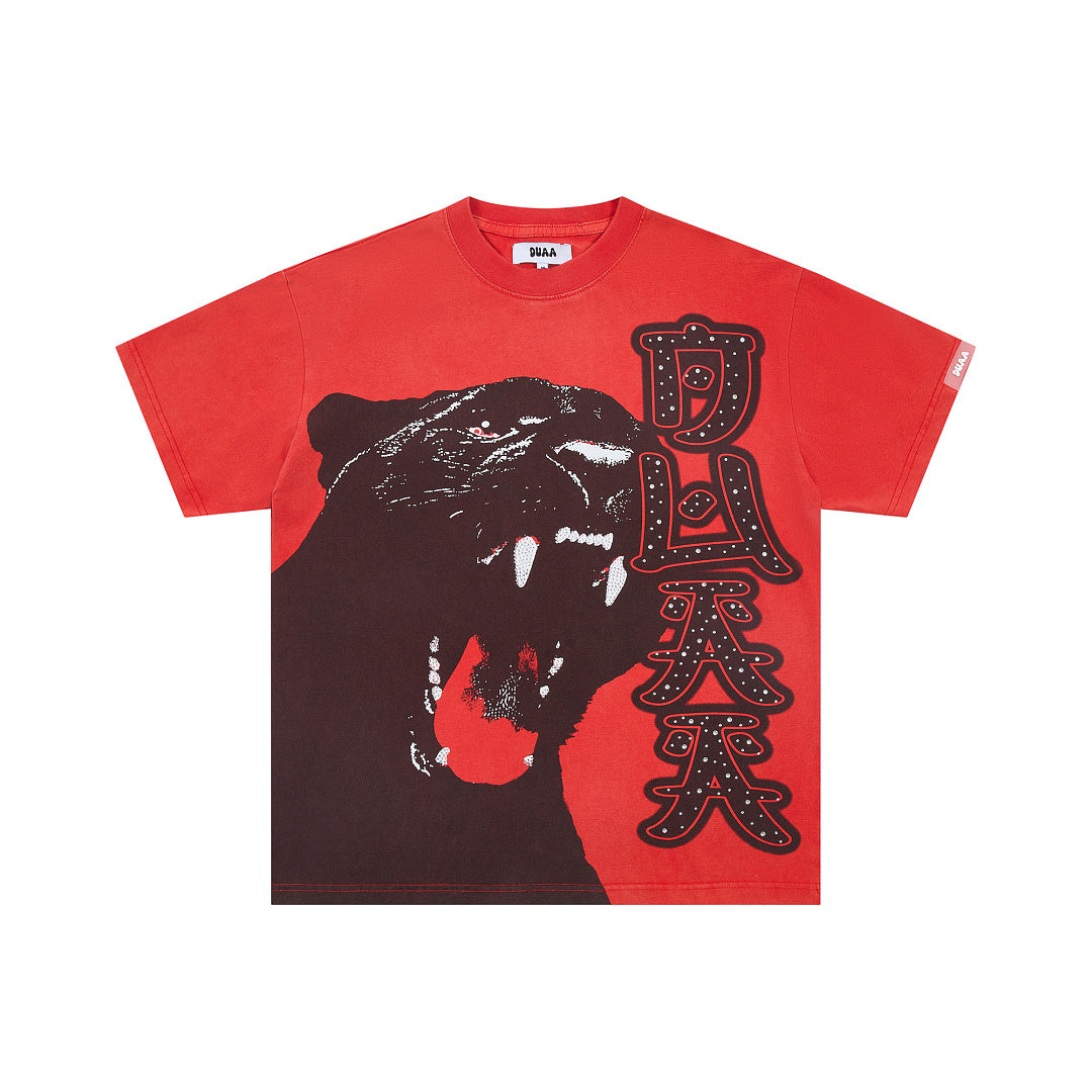 Red Vintage Panther Graphic Oversized T‑Shirt