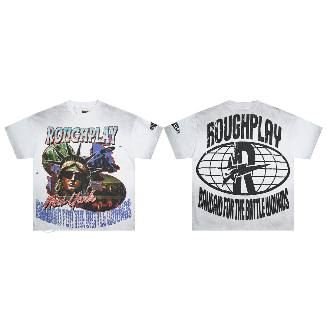 Vintage Washed White Statue Of Liberty Globe Graphic Oversized T‑Shirt