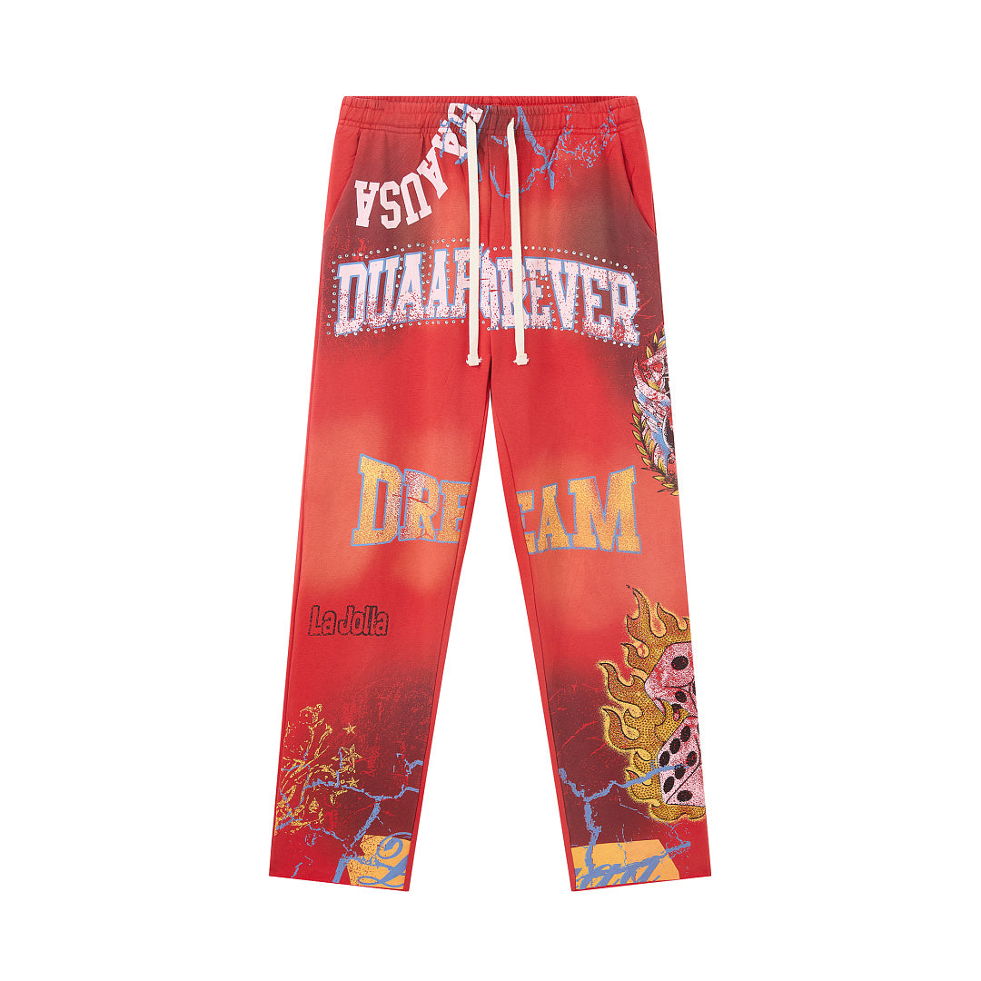 Red Vintage Wash Flame Letter Graphic Wide‑Leg Sweatpants
