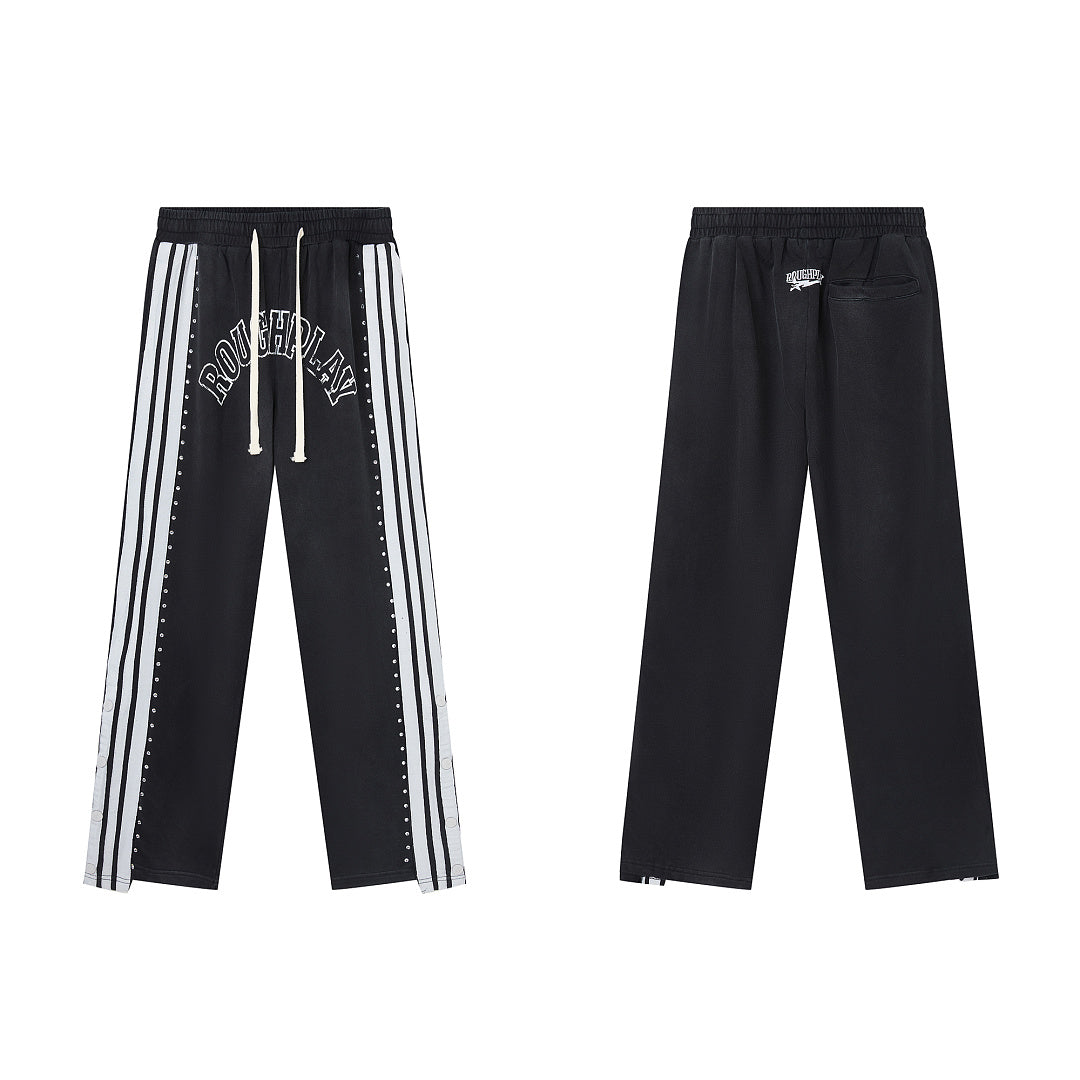 Black Side Stripe Gothic Letter DUAA Wide Leg Track Pants