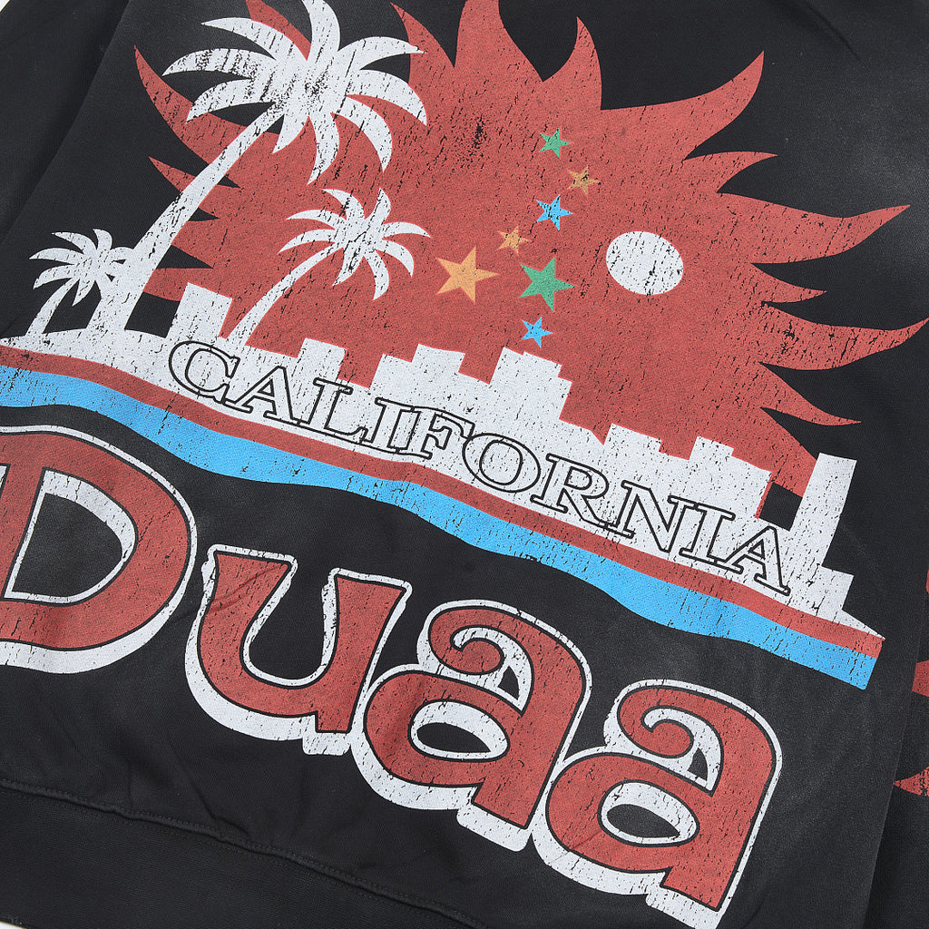 Black Vintage City Palm Tree Graphic Oversized Zip‑Up Hoodie