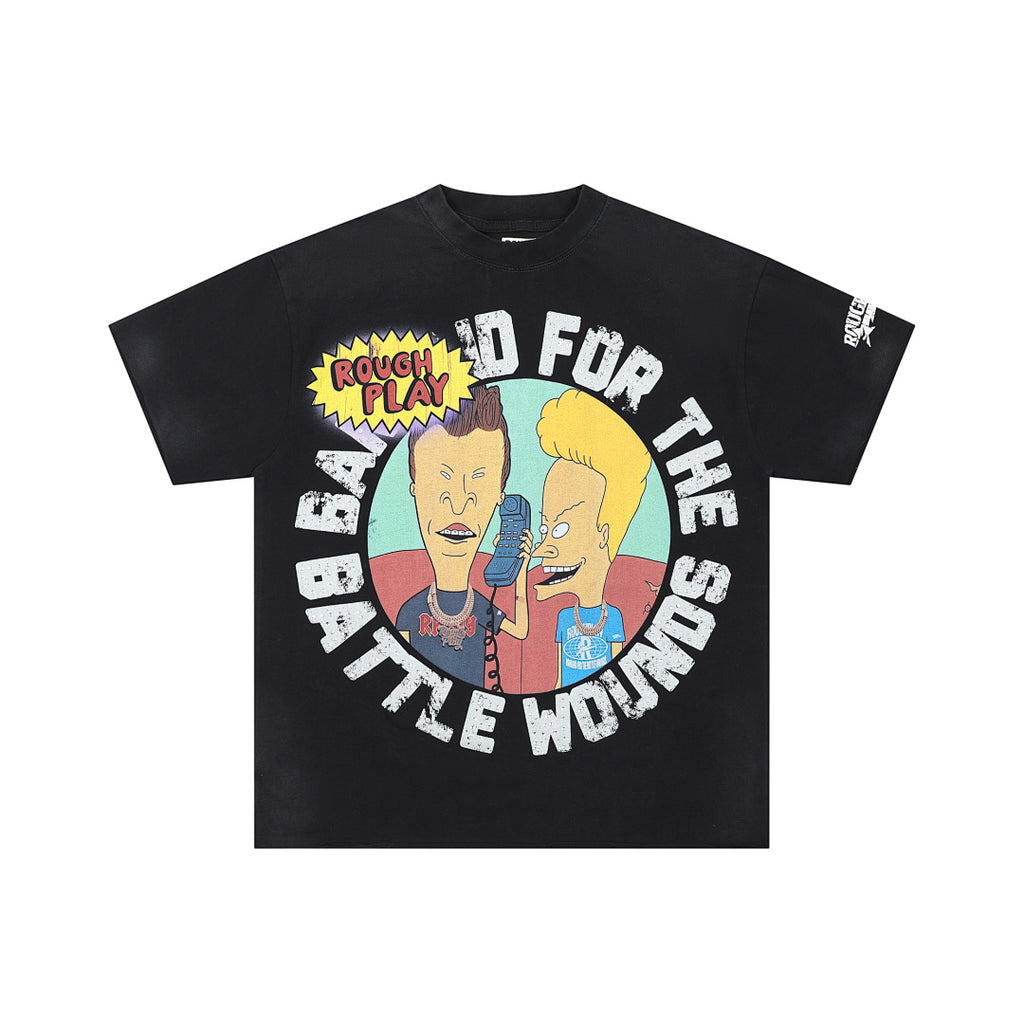 Roughplay Retro Cartoon Collage Graphic Short Sleeve Tee Men Oversized Streetwear T‑Shirt