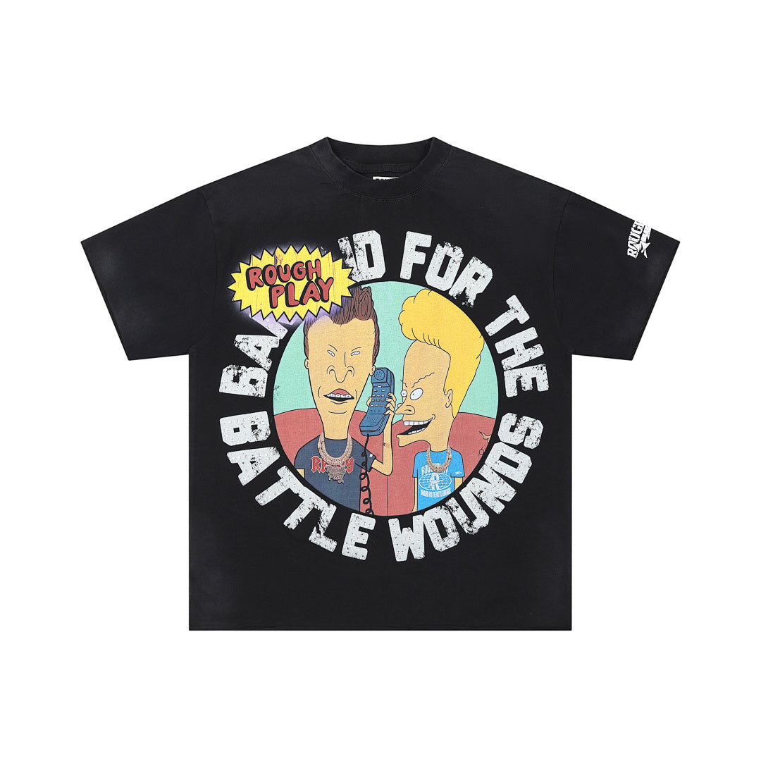 Roughplay Retro Cartoon Collage Graphic Short Sleeve Tee Men Oversized Streetwear T‑Shirt