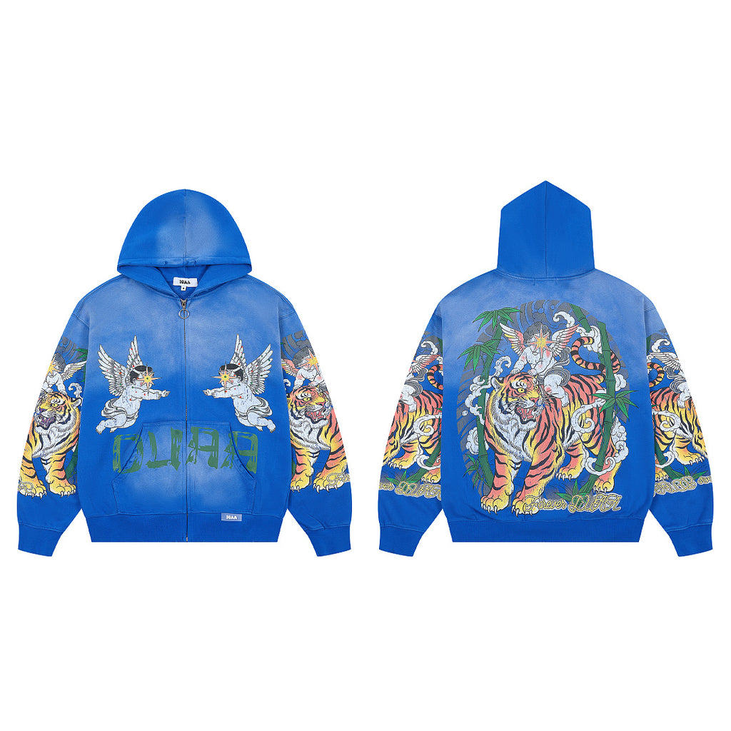 Blue Vintage Tiger & Angel Graphic Oversized Zip‑Up Hoodie