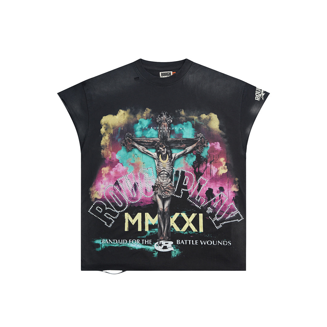 Vintage Washed Black Crucifix Globe Graphic Oversized T‑Shirt