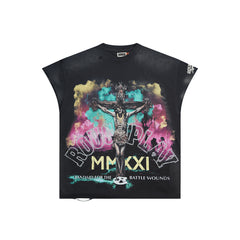 Vintage Washed Black Crucifix Globe Graphic Oversized T‑Shirt