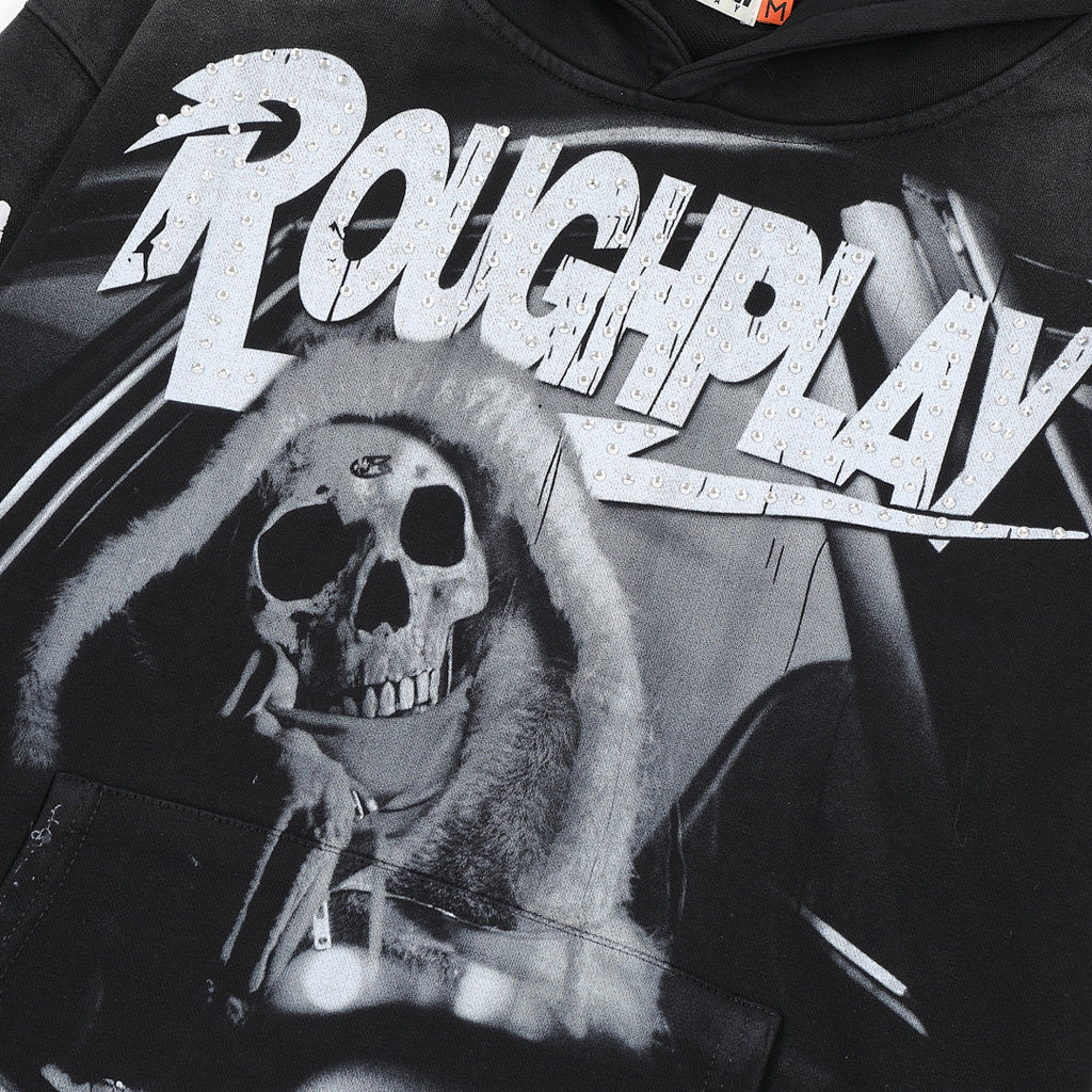 Roughplay Black Skull Tongue Graphic Hoodie Men Oversized Streetwear Pullover