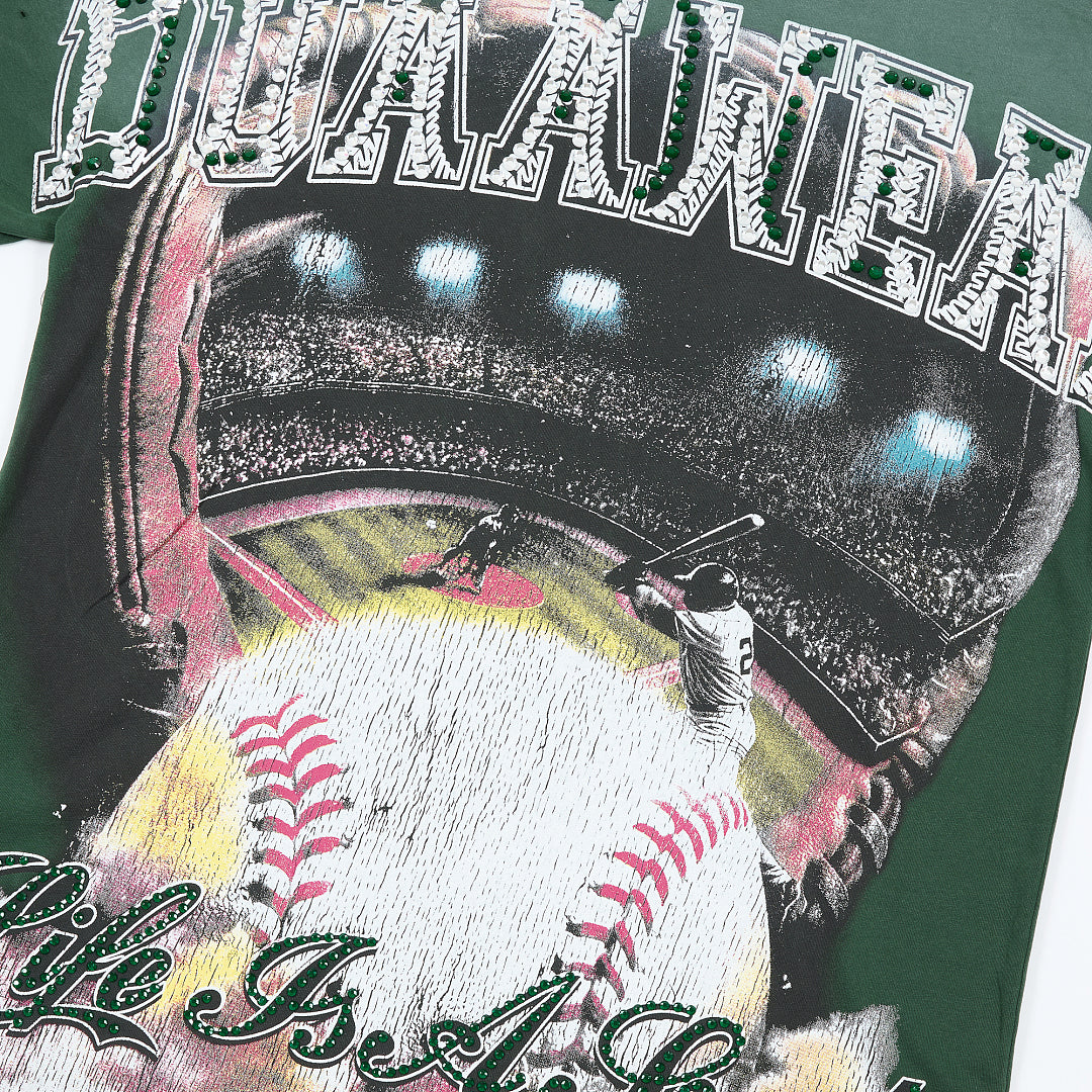 Dark Green Vintage Baseball Graphic Oversized T‑Shirt