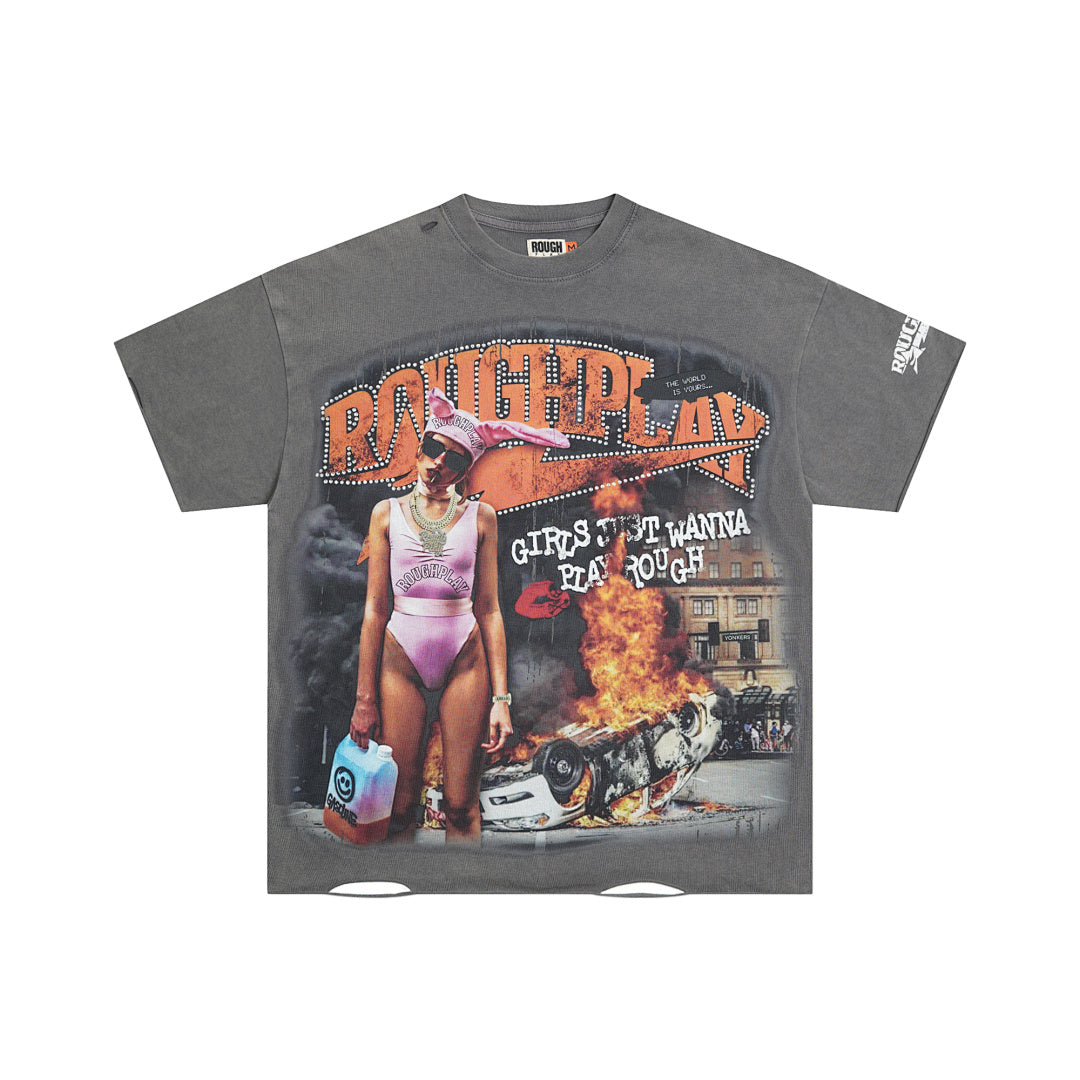 Vintage Washed Grey Retro Poster Globe Graphic Oversized T‑Shirt