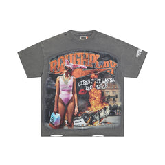 Vintage Washed Grey Retro Poster Globe Graphic Oversized T‑Shirt